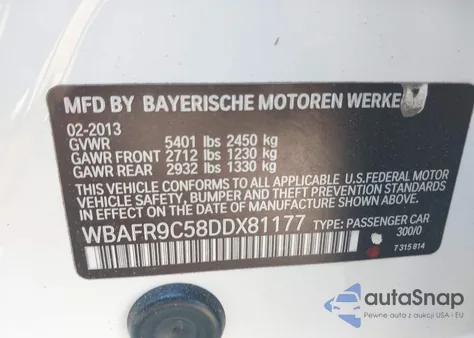 2013 BMW 550I from USA, damaged, VIN WBAFR9C58DDX81177